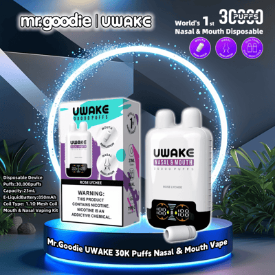Promotional image displaying the UWake 30K Puffs Nasal & Mouth Vape emphasizing its dual-inhalation system, rose lychee flavor, and device specifications such as 850mAh battery and 23ml e-liquid capacity, set against a futuristic background with lighting effects.