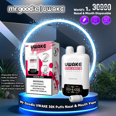Promotional image showcasing Mr.Goodie UWAKE 30K Puffs Nasal & Mouth Vape in Jasmine Rose flavor, highlighting its features such as 30,000 puffs capability, dual nasal and mouth usage, 23ml capacity, and included mesh coil technology.