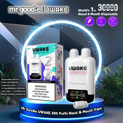 Promotional display showcasing the Mr. Goodie UWAKE 30K Puffs nasal and mouth vape device, featuring a White Peach Sakura Ice flavor, product packaging, and device features including dual nasal and mouth inhalation, mesh coil technology, and 23ml e-liquid capacity.