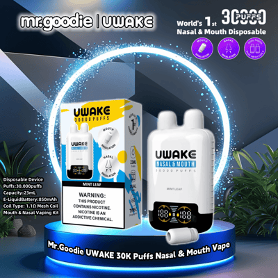 Promotional image of the UWAKE nasal and mouth disposable vape featuring a mint flavor with specifications like 30,000 puffs capacity, dual inhalation functionality, and displayed product packaging on a neon-lit platform.