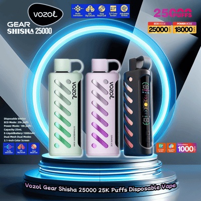 Promotional image showing three Vozol Gear Shisha disposable vape models in pastel and dark colors, highlighting features like 25,000 puffs capacity, 2.1-inch color screen, adjustable airflow, and vibrant LED displays.
