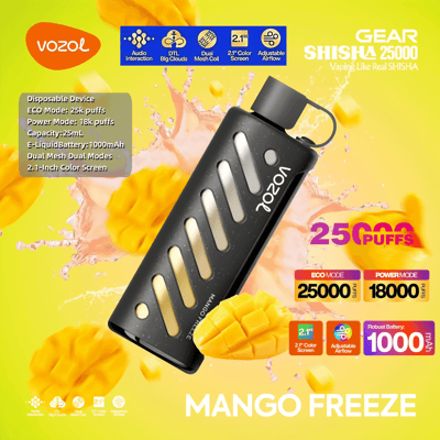 マンゴーフリーズフレーバーのVozol Gear Shisha 25000 Vaping Deviceのプロモーション画像、デュアルメッシュコイル、エコモードの25,000パフ容量、マンゴーをテーマにしたデザインの2.1インチカラースクリーンなどの機能を強調します。