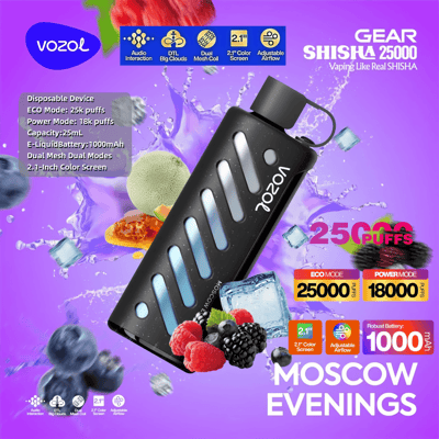 エコおよびパワーモードのVozol Gear Shisha 25000使い捨てvapingデバイスを紹介するプロモーショングラフィック25mlの電子液容量、デュアルメッシュコイル、調整可能なエアフロー、および紫色の背景に対する鮮やかな果物と氷の要素に囲まれた2.1インチのカラースクリーンを備えています。