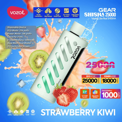 Vozol Gear Shisha 25000 Vaping Deviceのプロモーションイメージストロベリーキウイフレーバーを備えたエコモード25,000パフ、2.1インチカラースクリーン、調整可能なエアフローなどの機能を強調し、背景に鮮やかな果物とスプラッシュを備えています。