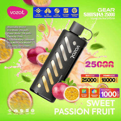 Vozol Gear Shisha 25000のプロモーション画像は、黒と金のデザイン、パッションフルーツ画像、25,000パフ、25 mlの容量、1,000 mAhのバッテリーを含む仕様を特徴としています。
