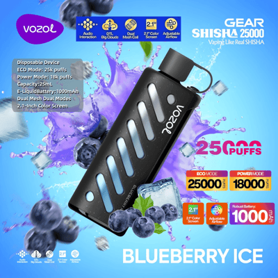 ブルーベリーアイスフレーバーを備えたVozol Gear Shisha 25000 Vape Deviceのプロモーション画像、黒いデバイス、容量の詳細、パフモード、調整可能なエアフロー、および氷とブルーベリーの鮮やかな青い背景にデュアルメッシュコイルテクノロジーを備えています。