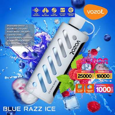 Vozol Blue Razz Ice使い捨ての蒸気込めデバイスのプロモーション画像。ラズベリー、ミントの葉、アイスキューブを備えた鮮やかな青い背景に白い蒸気があり、エコモードの25,000パフ、パワーモードの18,000パフ、2.1インチカラースクリーン、調整可能なエアフローなどの仕様を強調しています。