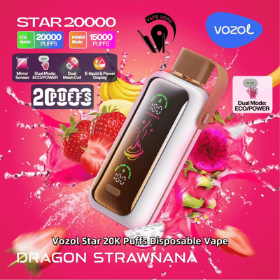 Werbebild des Einweg-Vaporizers Vozol Star 20K mit Eco- und Power-Modi, Drachen-Erdbeer-Bananen-Geschmack und detaillierten Produktmerkmalen, hervorgehoben auf einem leuchtend rosa Hintergrund mit Fruchtakzenten.