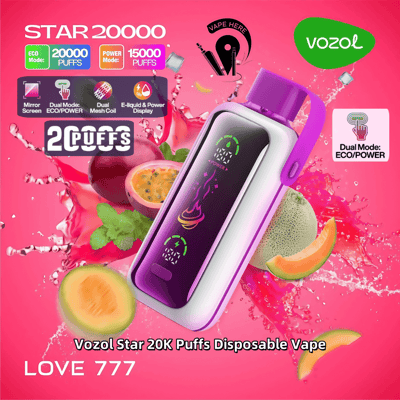 Werbebild für den Einweg-Vaporizer Vozol Star 20K Puffs, das das Gerät vor einem rosa Hintergrund mit Fruchtillustrationen und beschrifteten Funktionen zeigt, die seine dualen ECO/POWER-Modi und die Zugkapazität hervorheben.