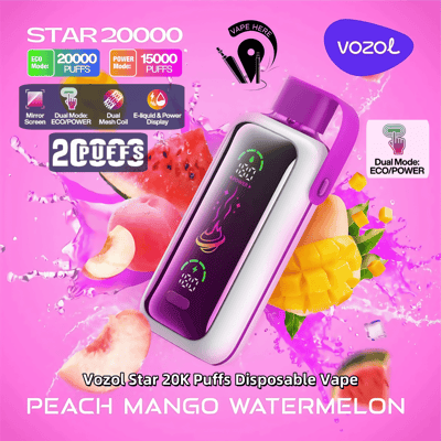 Werbebild des Einweg-Vaporizers Vozol Star 20K mit Dual-Modus (ECO/Power), Kapazität für 20.000 Züge, dargestellt mit einem Design mit Pfirsich-, Mango- und Wassermelonenmotiv auf leuchtend rosa Hintergrund.