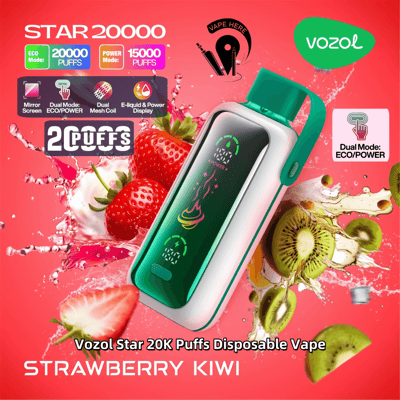 Marketingbild für Vozol Star 20K Puffs Disposable Vape mit Erdbeer- und Kiwi-Aromen und detaillierten Produktmerkmalen wie Dual-Mode-Optionen und einer Kapazität von 20.000 Zügen.