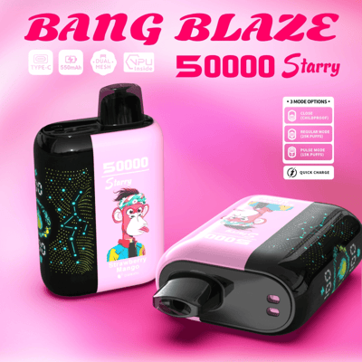Uma exibição promocional do vaporizador descartável Bang Blaze 50000 Starry com sabor de morango e manga, exibindo um design colorido com um macaco ilustrado, ícones detalhados para modos de uso e uma garantia de 25.000 tragadas com capacidade de carregamento rápido.