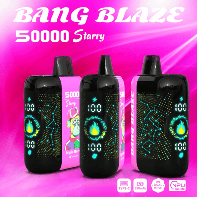 Uma imagem promocional dos dispositivos de vaporização Bang Blaze 50000 Starry exibindo três unidades com telas digitais vibrantes e um fundo rosa, enfatizando recursos como carregamento Tipo C, bateria de 550 mAh, bobinas de malha dupla e tecnologia NPU integrada.