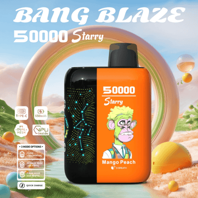 Imagem promocional do dispositivo de vaporização 'Bang Blaze 50000 Starry' com design laranja e preto, um desenho de macaco de desenho animado e a marca com sabor de manga e pêssego em um fundo colorido, destacando recursos como carregamento tipo C, bateria de 550 mAh e vários modos de uso.