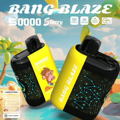 Imagem promocional mostrando dois dispositivos de vaporização pretos e amarelos rotulados como 'Bang Blaze 50000 Starry' em um fundo de praia tropical com palmeiras e céu limpo.