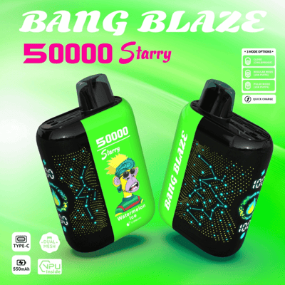Imagem promocional do dispositivo de vaporização Bang Blaze Starry com 50.000 tragadas, com sabor de melancia gelada e detalhes em verde neon.