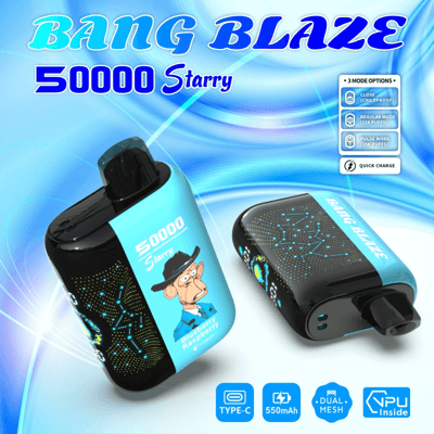 Imagem promocional do dispositivo de vaporização Bang Blaze 50000 Starry com design azul brilhante, porta de carregamento USB Tipo C, bateria de 550 mAh, tecnologia de malha dupla e três modos de uso acompanhados de elementos gráficos, incluindo um desenho de macaco e decorações estreladas.