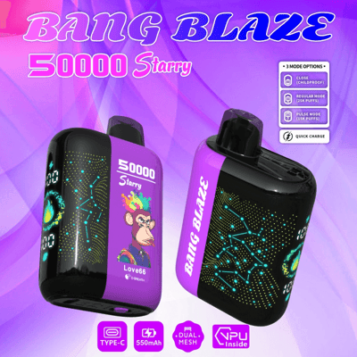 Exibição do dispositivo vape Bang Blaze 50000 Starry, com design roxo e preto, com arte colorida de um macaco e padrões de constelações, destacando recursos como carregamento Tipo C, bateria de 550 mAh e tecnologia de malha dupla.