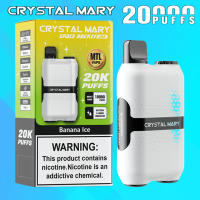 Opakowanie i produkt waporyzatora Crystal Mary Space Rocket 20K o smaku Banana Ice, z 20 000 zaciągnięć, baterią 850 mAh i etykietą ostrzegawczą o uzależnieniu od nikotyny.