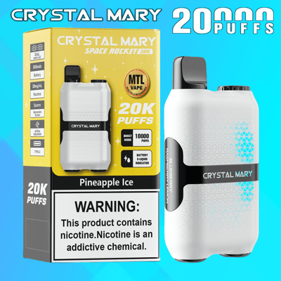 Zdjęcie promocyjne waporyzatora Crystal Mary Space Rocket 20K, przedstawiające opakowanie smaku Pineapple Ice oraz zbliżenie urządzenia z wyróżnionymi cechami marki i produktu.
