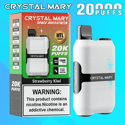 Urządzenie do waporyzacji w pudełku o nazwie „Crystal Mary Space Rocket 20K” z dołączonym ostrzeżeniem o uzależnieniu od nikotyny; urządzenie ma białą, teksturowaną obudowę i jest reklamowane jako urządzenie, które może dostarczyć 20 000 zaciągnięć.