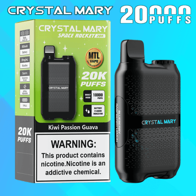 Urządzenie do waporyzacji Crystal Mary Space Rocket i jego opakowanie, z informacją o 20 000 zaciągnięciach, zużyciu MTL, funkcjach baterii i ostrzeżeniu o zawartości nikotyny.