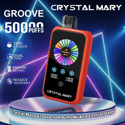 Crystal Mary Groove 50000 Puffs Nic&Ice Control Vape con involucro rosso, display touchscreen dotato di rotella di controllo colorata e impostazioni regolabili, che si illumina su uno sfondo a tema neon.