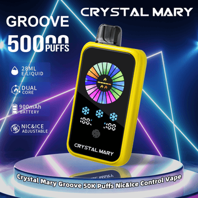 Immagine promozionale che raffigura un dispositivo per svapare Crystal Mary Groove giallo con impostazioni regolabili di nicotina e ghiaccio, in grado di effettuare 50.000 tiri, esposto su uno sfondo futuristico illuminato al neon.
