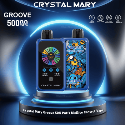 Immagine promozionale del vaporizzatore Crystal Mary Groove da 50000 tiri con touch screen e funzioni regolabili, che mostra i design colorati del prodotto e le sue capacità, su uno sfondo blu illuminato ed elegante.