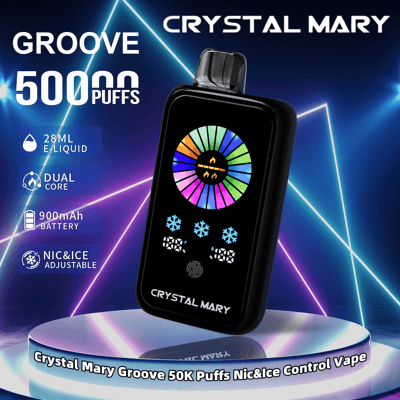 Immagine promozionale del vaporizzatore Crystal Mary Groove che mostra caratteristiche come capacità di 50.000 tiri, e-liquid da 28 ml, tecnologia dual-core, batteria da 900 mAh e regolazione Nic&Ice, su uno sfondo illuminato al neon.