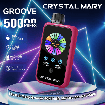 Pubblicità del dispositivo per svapare Crystal Mary Groove che evidenzia caratteristiche quali 50.000 tiri, capacità di e-liquid di 28 ml, dual core, batteria da 900 mAh e impostazioni Nic & Ice regolabili, visualizzate su uno sfondo moderno illuminato al neon.