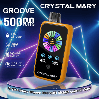 Immagine promozionale che mostra il dispositivo per svapare Crystal Mary Groove con livelli di nicotina e ghiaccio regolabili, caratterizzato da un'interfaccia colorata e specifiche chiave come una capacità di e-liquid di 28 ml, tecnologia dual core e una batteria da 900 mAh per 50.000 tiri.