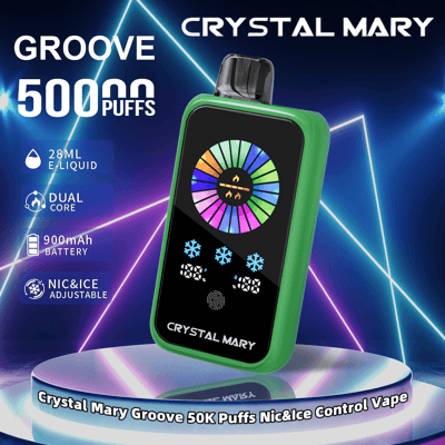 Immagine promozionale del dispositivo per svapare Crystal Mary Groove, dotato di capacità di e-liquid di 28 ml, tecnologia dual-core, batteria da 900 mAh e impostazioni regolabili di nicotina e raffreddamento, esposto su uno sfondo illuminato al neon.