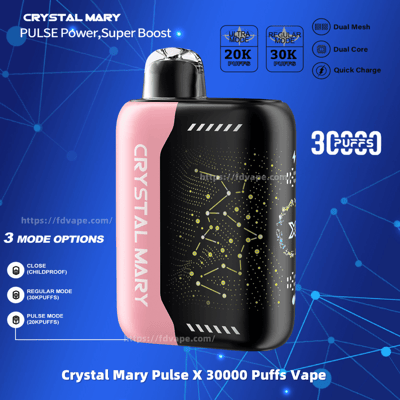 Promotional image of the Crystal Mary Pulse X vaping device highlighting its 30,000 puff capacity, with dual mesh and core options, displayed against a blue background featuring technology-inspired elements.