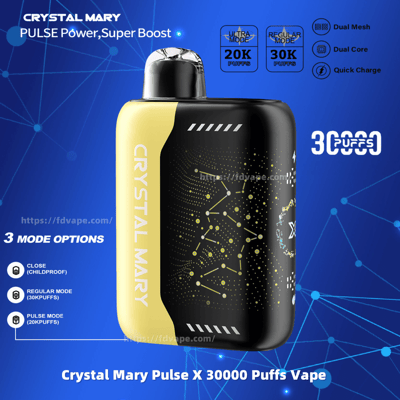 Promotional image for Crystal Mary Pulse X 30000 Puffs Vape, showcasing a sleek black and gold vape unit with highlighted features like dual mesh, dual core, quick charge, and modes for Ultra (20K Puffs) and Regular (30K Puffs).