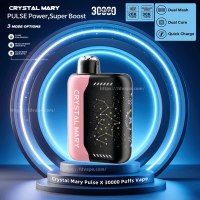Promotional image of the Crystal Mary Pulse X vape featuring a compact design, dual mesh technology, and offering up to 30,000 puffs, displayed with glowing blue circular graphics.