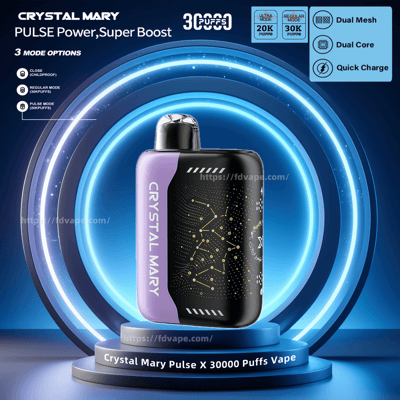 Promotional image showcasing the Crystal Mary Pulse X disposable vape device with a capacity of 30,000 puffs, featuring dual mesh, dual core, and quick charge capabilities in a futuristic setting.