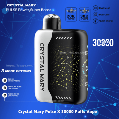 Promotional image of the Crystal Mary Pulse X vape device, showcasing 30,000 puffs capacity and features like dual mesh, dual core, and quick charge, with a sleek black-and-white design against a blue technological background.