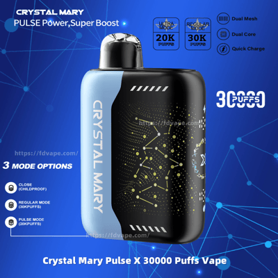 Promotional image of the Crystal Mary Pulse X 30000 Puffs Vape device, highlighting three mode options and design details on a blue technological background.