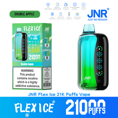 Werbebild, das den JNR Flex Ice Vape in einem Design in Schwarz und leuchtendem Grün zeigt, mit einstellbaren Eismengen, wiederaufladbarer Funktionalität und einer Kapazität von 21.000 Zügen, zusammen mit der Verpackungsbox, auf der Produktspezifikationen und Warnhinweise angezeigt werden.
