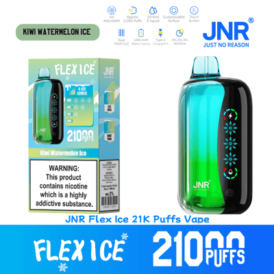 Werbebild für den Einweg-Vaporizer JNR Flex Ice mit Kiwi-Wassermelonen-Eisgeschmack, das die Kapazität von 21.000 Zügen, die einstellbaren Eismengen und Designdetails auf der Verpackung und dem Gerät zeigt.