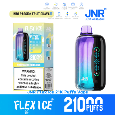 Verpackung und Produktbild des JNR Flex Ice Vape-Geräts mit 21.000 Zügen, einstellbaren Eismengen und einem Kiwi-Passionsfrucht-Guaven-Geschmack.
