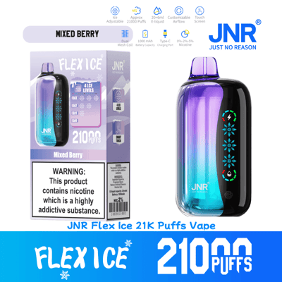 Werbebild für JNR Flex Ice Vape im Mixed Berry-Geschmack mit 21.000 Zügen, Touchscreen, einstellbaren Eisstufen und einer Warnung zum Nikotingehalt.