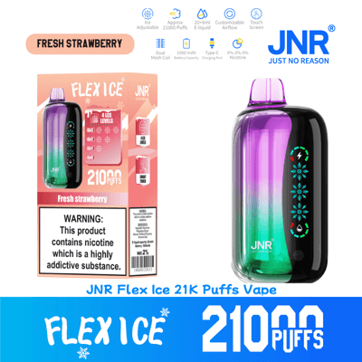 Produktbild, das das JNR Flex Ice Vape-Gerät in einem Farbverlaufsdesign mit Verpackungsdetails und -funktionen zeigt und die Kapazität von 21.000 Zügen und den Geschmack frischer Erdbeeren hervorhebt.