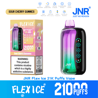 Verpackung und Produktdesign des Einweg-Vaporizers JNR FLEX ICE mit dem Geschmack „Sour Cherry Gummies“ für 21.000 Züge, mit sichtbaren Produktspezifikationen und einem Warnhinweis zu Nikotin.