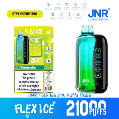 Bild der Werbeverpackung für JNR Flex Ice Vape für 21.000 Züge mit Erdbeer-Kiwi-Geschmack, mit einstellbarer Eismenge, sichtbarem Geräte- und Verpackungsbranding und Produktwarnung über die Suchtgefahr von Nikotin.