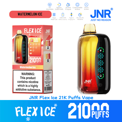 Werbebild für den JNR Flex Ice Vape mit Watermelon Ice-Geschmack, das das Gerät, die Verpackung und Spezifikationen wie 2100 Züge, anpassbaren Luftstrom und eine Warnung zum Nikotingehalt zeigt.