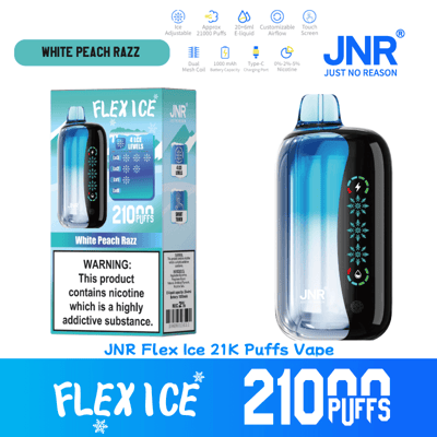 JNR Flex Ice 21K Puffs Vape mit White Peach Razz-Geschmack, elegantem blau-schwarzem Design, anpassbarer Luftzufuhr, Touchscreen-Display und Warnung vor Nikotinsucht. Auf der Produktverpackung werden außerdem Merkmale wie eine Kapazität von 21.000 Zügen und einstellbare Eismengen hervorgehoben.