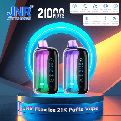 Werbebild, das zwei JNR Flex Ice-Vape-Geräte mit einer Kapazität von ungefähr 21.000 Zügen und Funktionen wie anpassbarer Luftzufuhr, einstellbarer Eismenge und einem Touchscreen zeigt, hervorgehoben vor einem farbenfrohen und futuristischen Hintergrund.