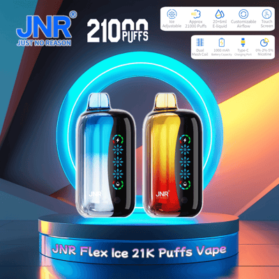Werbebild mit zwei JNR Flex Ice 21K Puffs Vape-Geräten, eines mit blauem Farbverlauf und das andere mit rotem Farbverlauf, mit erweiterten Spezifikationen und Designdetails vor einem modernen, beleuchteten Displayhintergrund.
